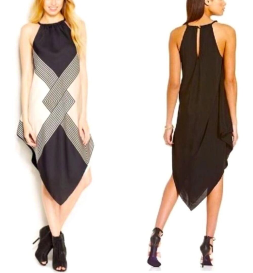 Rachel Roy Rope Halter Sleeveless Handkerchief Hem Dress Black Ivory Size XS